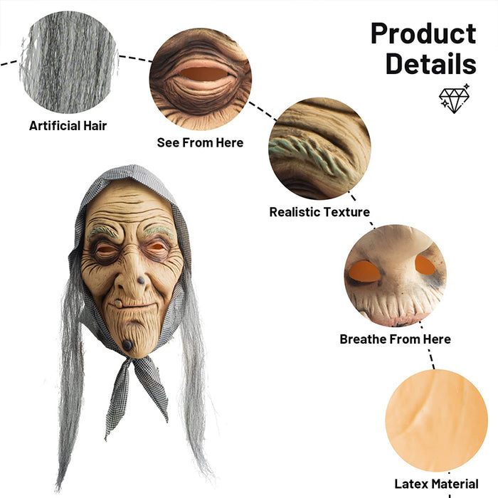 CreepyParty Old Witch Mask with Hair and Headscarf