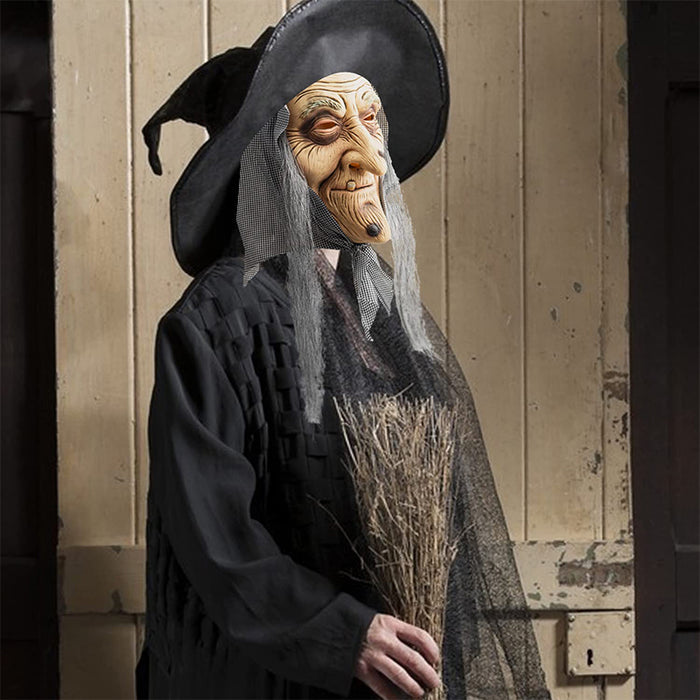 CreepyParty Old Witch Mask with Hair and Headscarf