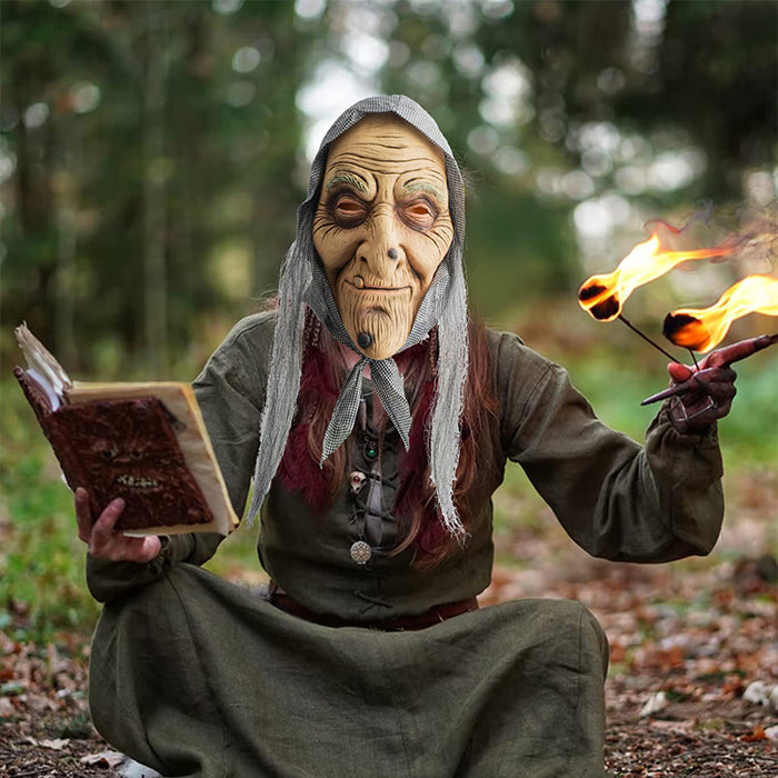 CreepyParty Old Witch Mask with Hair and Headscarf
